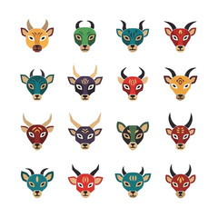 Fototapeta premium Colorful animal heads arranged in a grid pattern showcasing diverse hues and geometric shapes on a white canvas, creating a playful and modern aesthetic.