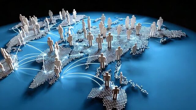 Global Interconnection: A visual depiction of worldwide networking with miniature figures representing individuals on a detailed world map, illustrating the interconnectedness of modern societies.