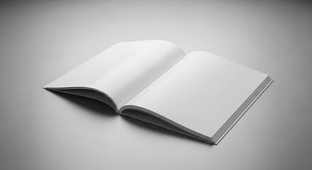 Open blank book mockup template, empty white pages ready for design, editorial layout in grayscale background mock up presentation