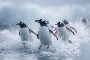 Fototapeta premium Gentoo penguins jumping into icy waters in Antarctica during an active moment of playful exploration and social interaction among the colony