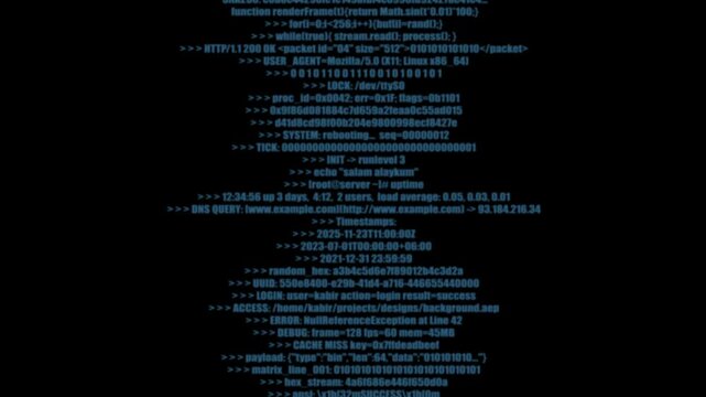 Encrypted programming security hacking code animation. Typing cyan java script code on black screen. Hacker code running down a computer screen terminal.