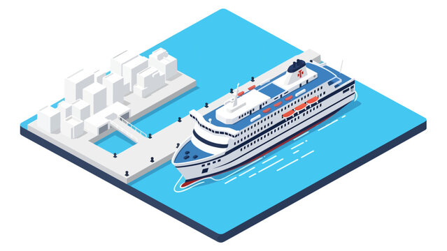 A sleek white passenger ferry with red and blue accents approaches a stylized minimalist dock lined with blocky white structures in this clean isometric view