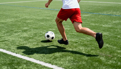Obraz premium Soccer player running with ball on green field. Football athlete legs in action during game. Copy space