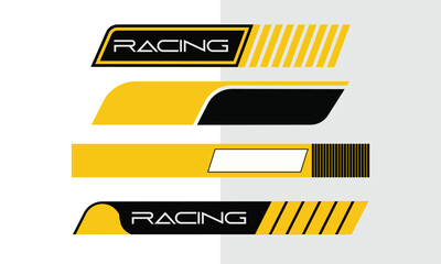 Set of four modern racing banners and stripes in yellow and black colors, vector graphic elements for sports branding and design