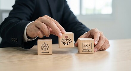 Businessman Arranging Wooden Blocks with Teamwork, Heart Handshake, and Healthcare Icons. Concept of Corporate Social Responsibility CSR, Employee Wellbeing, Workplace Support, and Insurance Services.