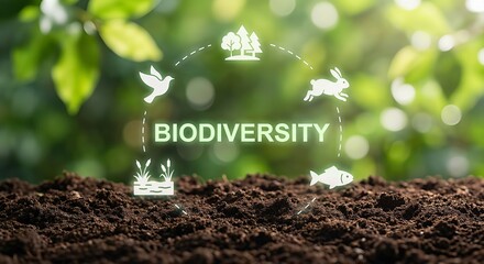Biodiversity Concept Design with Glowing Icons of Wildlife and Plants over Fertile Soil. Environmental Ecosystem Graphic Featuring Forest, Fish, Bird, and Animal Symbols for Nature Conservation and Su