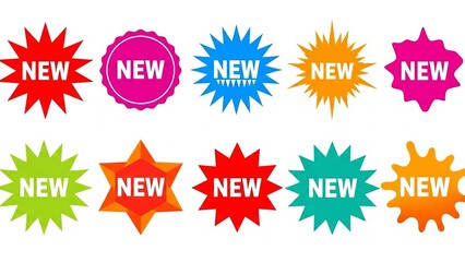 Collection of ten colorful starburst and splash badges announcing new product arrivals and promotions