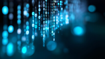 Abstract digital background with glowing binary code representing data and technology.