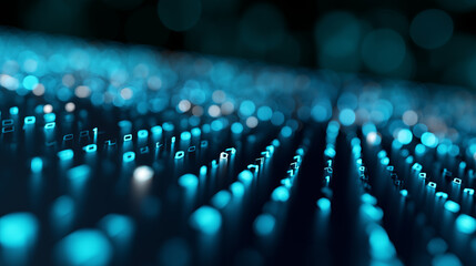 Abstract digital background with glowing binary code representing data and technology.
