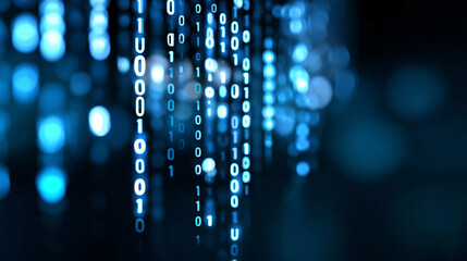 Abstract digital background with glowing binary code representing data and technology.