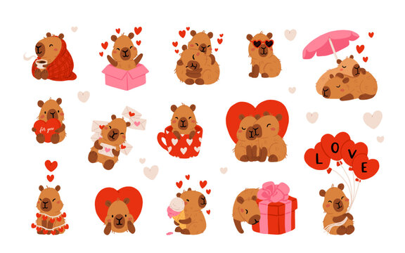 Cute Valentines Day capybara clipart set with heart balloons, romantic letters, capybara in gift box, kawaii animals with hearts, love messages and presents, characters for cards, stickers and print