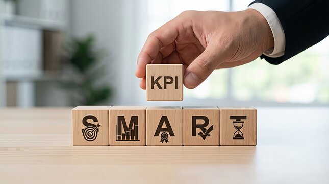 Businessman arranging wooden blocks with KPI performance indicators and SMART goal setting principles, featuring business icons for strategic planning, performance appraisal, and effective team execut