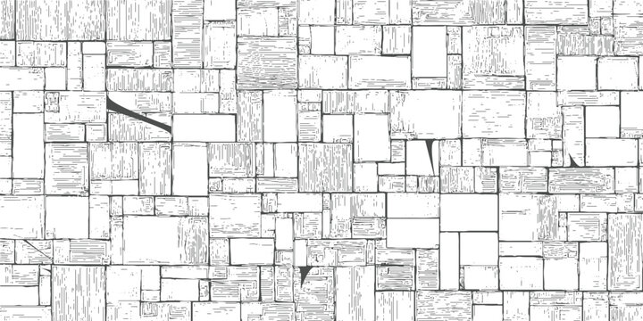 Black and white abstract pattern of irregular rectangles and squares with hatching monochrome