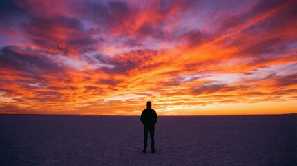 Lone silhouette stands against vast orange and purple sunset over desolate flat landscape