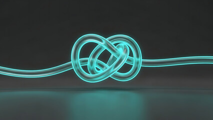 A complex figure eight knot made of a glowing cyan light tube against a dark background
