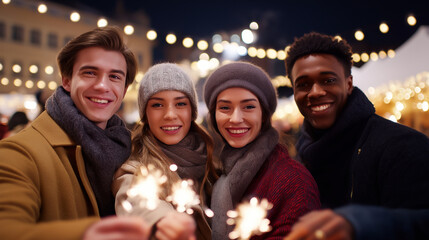 Fototapeta premium Group of friends holding sparklers and smiling together during a festive winter evening. 