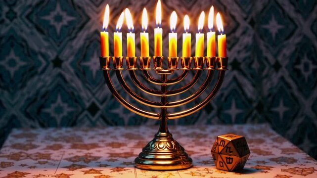 Jewish holiday hanukkah background with menorah and dreidel with letters gimel and nun
