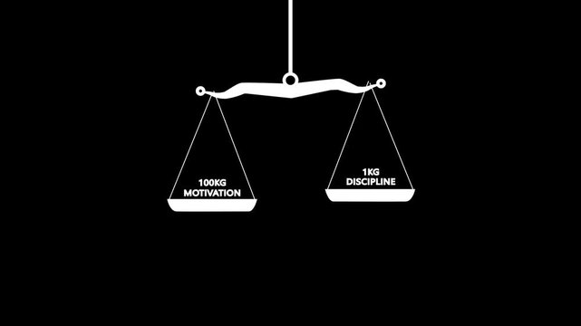 Minimalist black and white balance scale symbolizing justice and balance. Minimal black and white conceptual of a balance scale showing Discipline being a better guide to success than motivation.