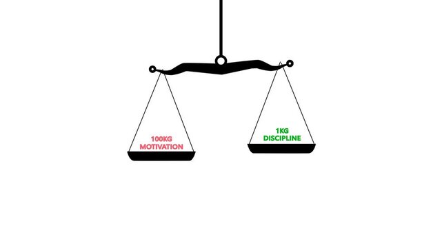 Minimalist black and white balance scale symbolizing justice and balance. Minimal black and white conceptual of a balance scale showing Discipline being a better guide to success than motivation.