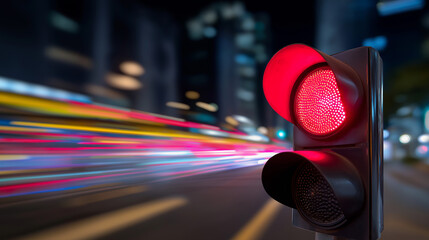 Red traffic light at a city crosswalk with long exposure light trails at night.
