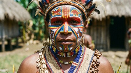 Indigenous man wearing vibrant traditional face paint and elaborate feather headdress