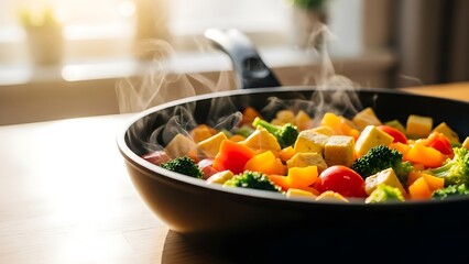 Steaming Vegetable Stir Fry in Black Wok on Table