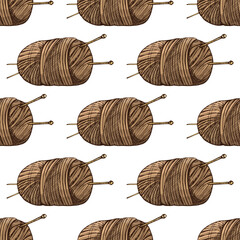 Hand drawn vintage seamless pattern of brown wool yarn balls with knitting needles, cozy textile background