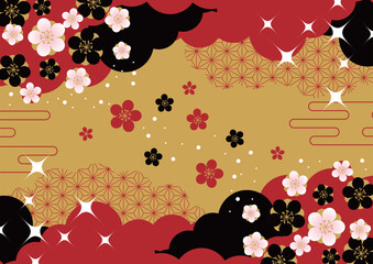 金地に雲と花和背景、超シンプル、かわいい、イラスト、横