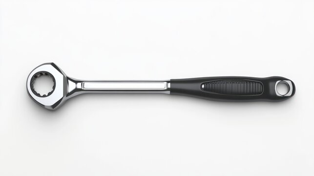 Shiny ratchet wrench on white background for construction and repair concepts