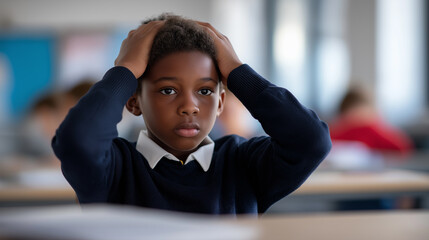 Stressed schoolboy holding his head while sitting at a desk in a classroom during a lesson.
