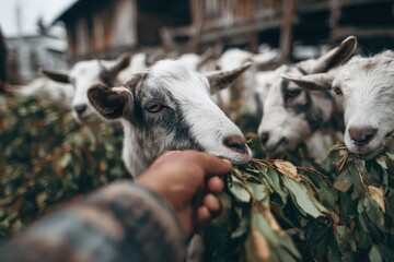 Handfeeding goats fresh leaves on a lively farm during an afternoon visit with friends and family, creating memorable moments and fostering connections with animals