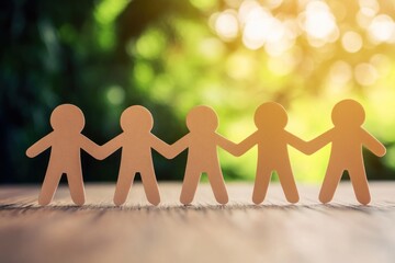 A group of people standing together on a wooden surface, holding hands, with a blurred background of trees and sunlight.