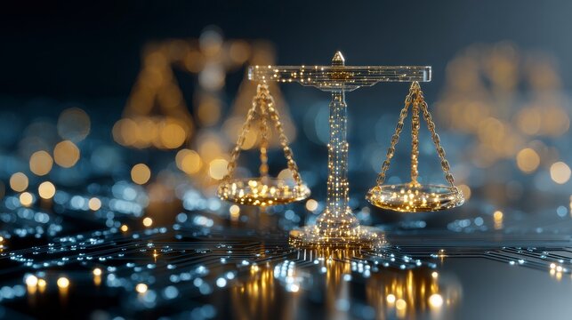A golden balance scale glows against a blurred digital backdrop of circuits, emphasizing law, fairness, and justice with technological themes