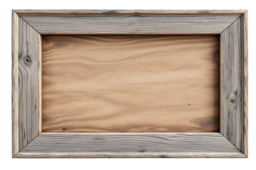 Rustic wooden picture frame with weathered gray wood and warm brown inner panel isolated on white background
