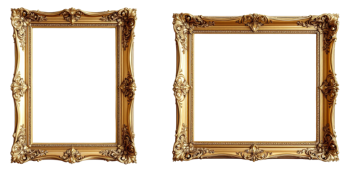 Ornate gold picture frame with intricate carvings and decorative elements isolated on white background
