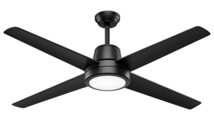 Modern black ceiling fan with integrated LED light isolated on white background