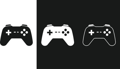 Game controller icons in black and white solid, outline and inverted styles isolated on contrasting backgrounds © Creatives Art