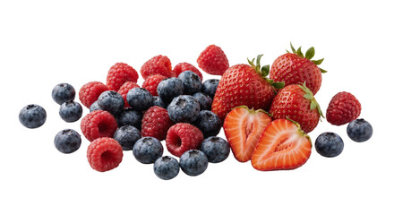 Fresh berries arrangement with strawberries, blueberries, and raspberries on a plain background