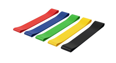 Different colors of exercise bands lined up on a white surface with even spacing for fitness activities and workouts