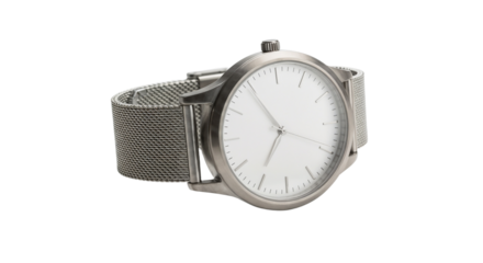 Silver watch with mesh band placed on surface showing minimalist design and clear time display