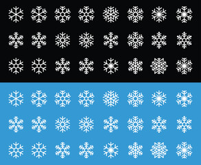 Different Snowflakes set, white icons for christmas on blue black background