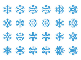 Snowflakes set, blue different icons for christmas on white background