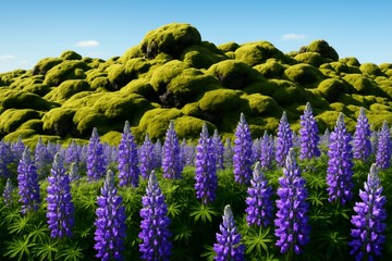 Naklejka premium Purple lupine flowers in full bloom with lush moss-covered hills in the background under a bright blue sky with soft daylight glow. Ai generative