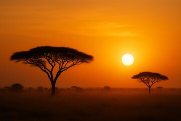 Silhouetted acacia trees at sunset on savanna with warm glowing light and orange sky in tranquil natural background concept. Ai generative