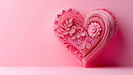 Intricate paper heart against pink background