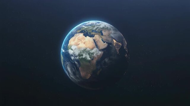 A stunning 3D render of planet Earth from space, showcasing the beauty and fragility of our world with illuminated continents against a dark cosmic background