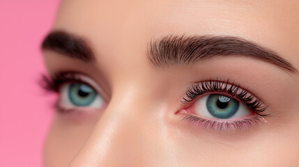 Obraz premium Close-up of a woman's eyes with long eyelashes and natural makeup on a pink background. 