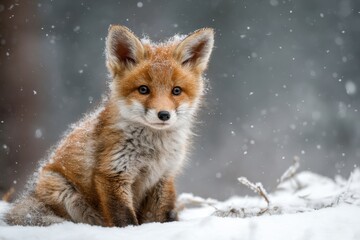 Obraz premium Cute fox baby sitting in fluffy snow during winter while soft snowflakes fall around in a peaceful natural setting