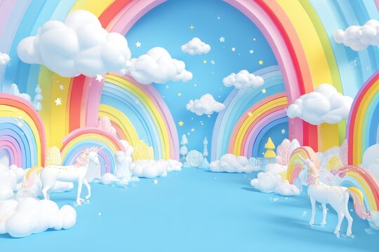 Vibrant rainbow world birthday party backdrop featuring colorful rainbows and whimsical unicorns surrounded by fluffy clouds