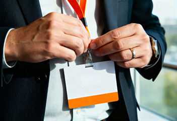 Close up of businessman holding blank name tag on orange lanyard. Professional adjusting empty ID badge at conference or event. Mockup with copy space